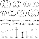 Ovxznts 32PCS 16G Lip Rings Surgical Steel Snake Bite Jewelry Vertical Labret Jewelry Monroe Lip Barbell Ring Daith Tragus Helix Eyebrow Piercing Jewelry for Women Men Diameter 6mm/8mm/10mm/12mm
