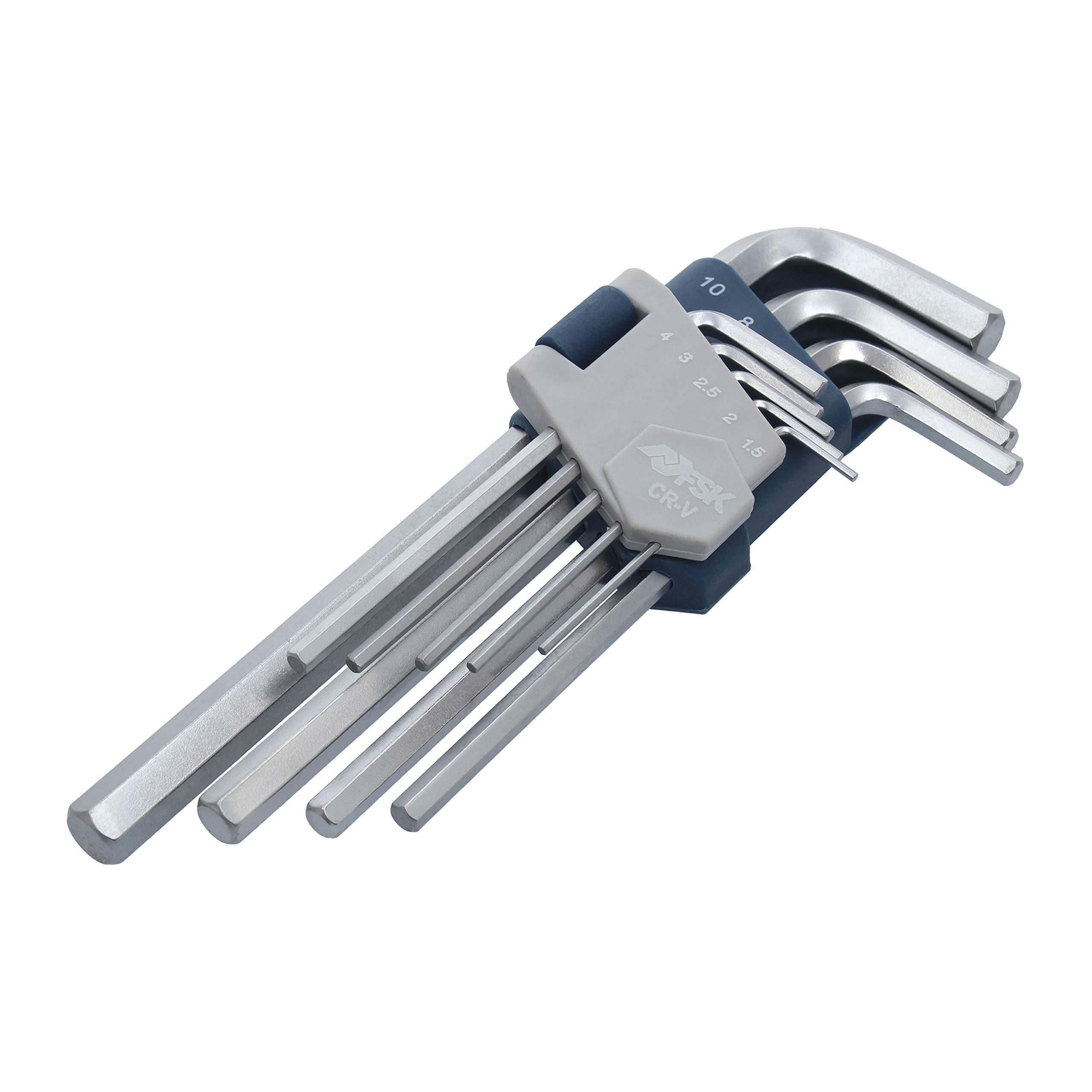 Ferrestock FSKALN002 Set of 9 Long Allen Made of Hardened Chrome Vanadium Steel (CR-V) with a 90 Degree Angle, Plastic Hanger Holder with Measurements of Each Key