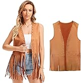 Women's Fringe Vest 60s 70s Hippie Vest Sleeveless Cowgirl Western Faux Suede rivet tassel denim jacket, Halloween