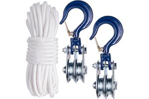 SHINICO 1Ton Double Cable Pulley Block, Heavy Duty Pulley System, Lifting Block Hoist with Hook and 49ft/15m Nylon Rope 0.39"/10mm