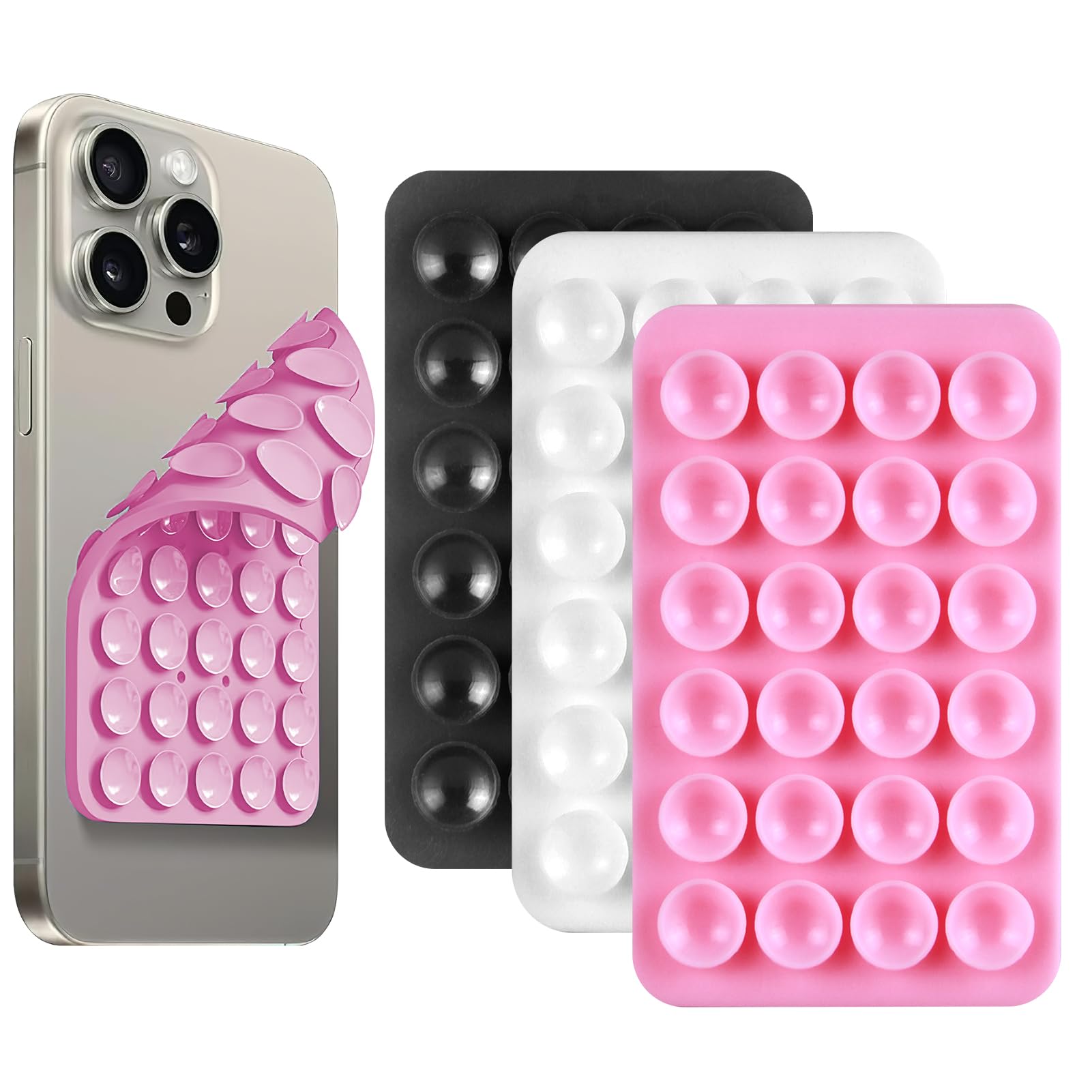 3Pcs Silicone Suction Cup Phone Holder Double Sided 24 Suction Holder Back of Phone Multifunctional Sticky, Anti-Slip Hands-Free, for Shower Mirror Glass Wall Car Selfies Videos(Black White Pink)