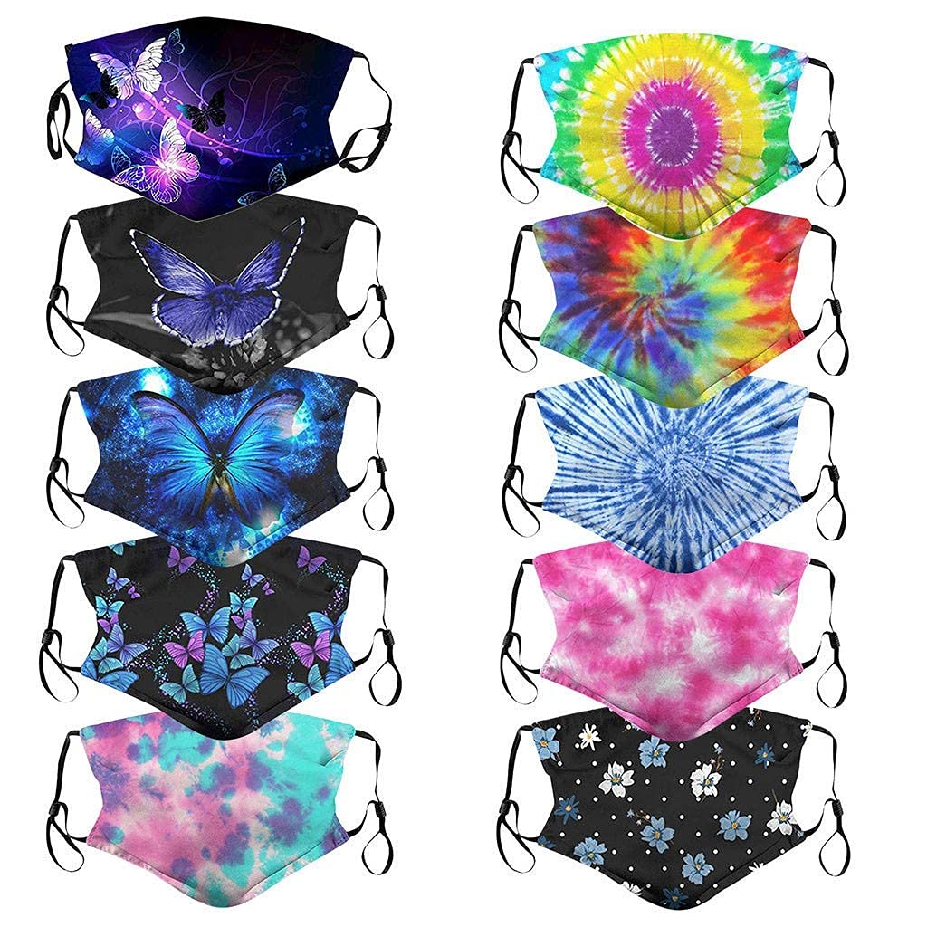 [US Stock] 10 Packs Tie Dye Cute Design Women Girls Face _Mask_Protect_Cover Washable Reusable With Nose Wire，Adjustable Earloops，Filters Pocket Insert Outdoors Sports Antidust (Multicolor-2)