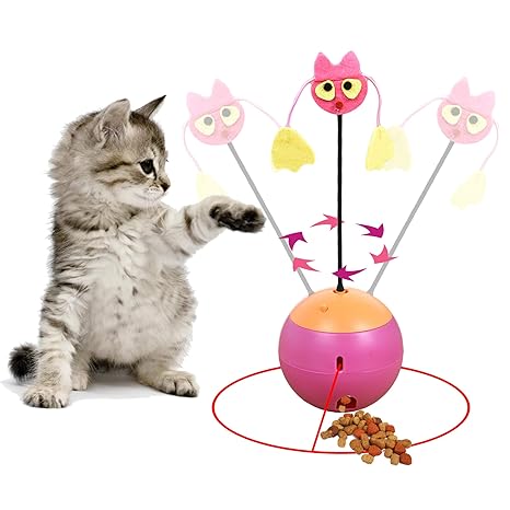 Vealind 3-in-1 Multifunktions interaktives Katzenspielzeug, selbstrotierender Lichtball mit Plüschspielzeug und Futterspender