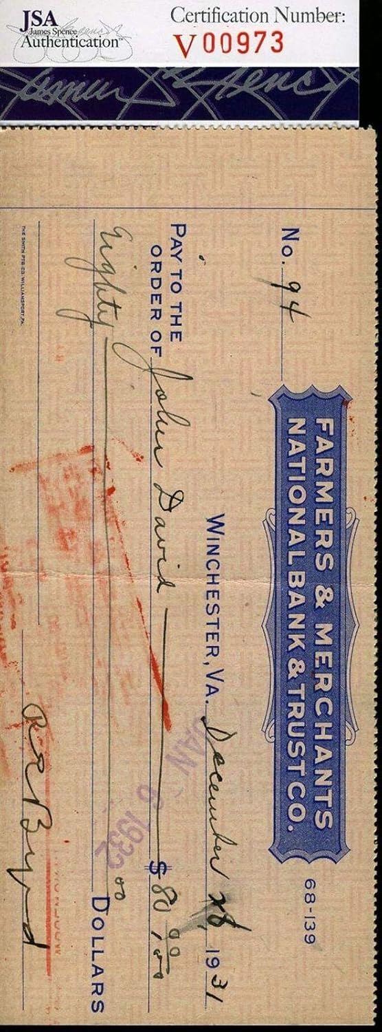 Admiral Robert Byrd Coa Hand Signed Vintage 1931 Check Autograph Authentic - JSA Certified