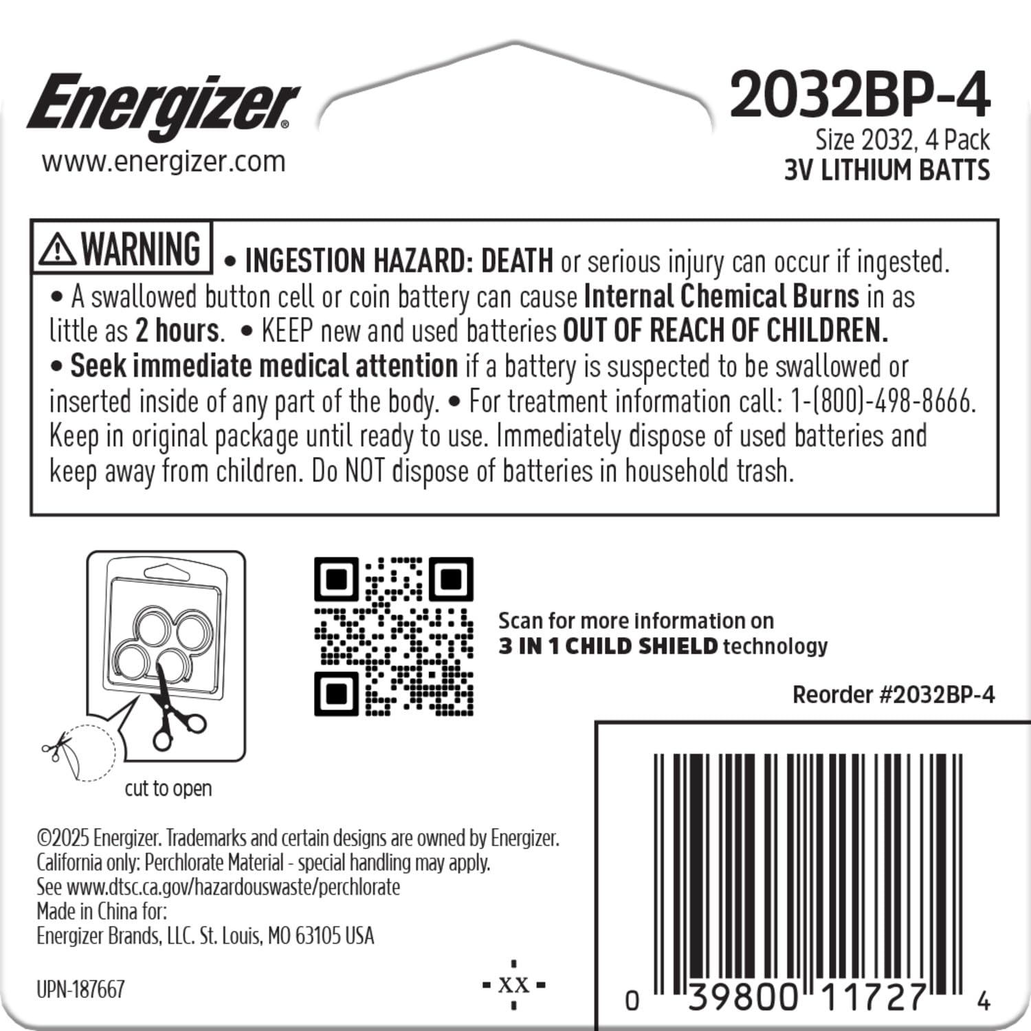 Energizer 2032 Batteries (4 Pack), 3V Lithium Coin Batteries