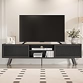 Buytime Black TV Stand for 65 70 Inch TV, Modern Iron Rattan TV Console with Sliding Door, Entertainment Center with Storage and Adjustable Shelves, Media Console for Living Room and Bedroom
