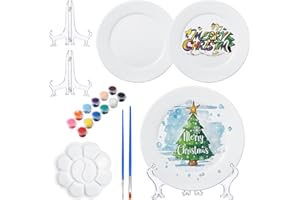 Affrolling Paint Your Own Porcelain Plates Ceramic Painting Kit Included 2 Pcs Porcelain Plates 2 Brushes 12 Paints 2 Stands Paint and 1 Pcs Color Palette, Pottery Kit for Adults(Round)