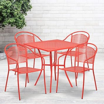 Amazon Com Flash Furniture Commercial Grade 28 Square Coral Indoor Outdoor Steel Patio Table Set With 4 Round Back Chairs Furniture Decor