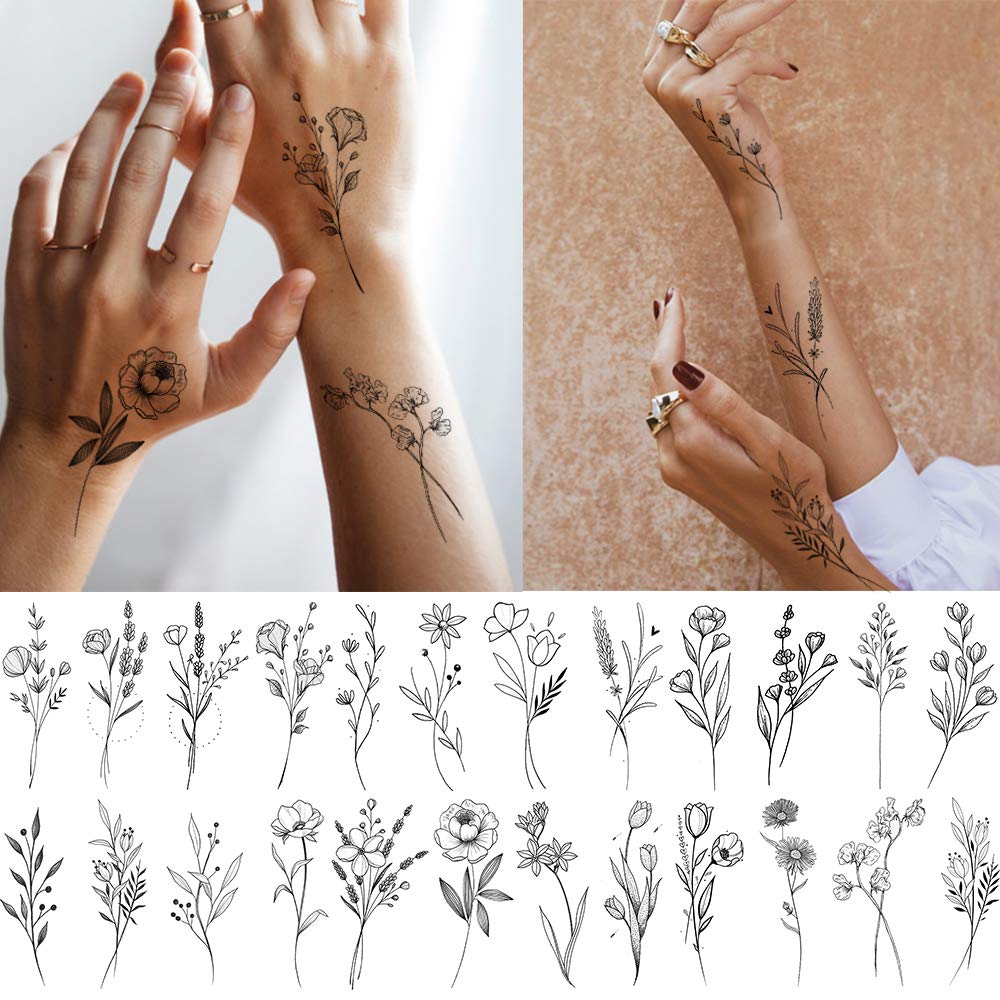 FANRUI 15 Sheets FANRUI Sexy Tiny Branch Black Flower Temporary Tattoos For Women Girl Neck Realistic Floral Bouquet Small Tattoo Temporary Lavender Fake Tattoo Sticker For Adults Face Hands Kit