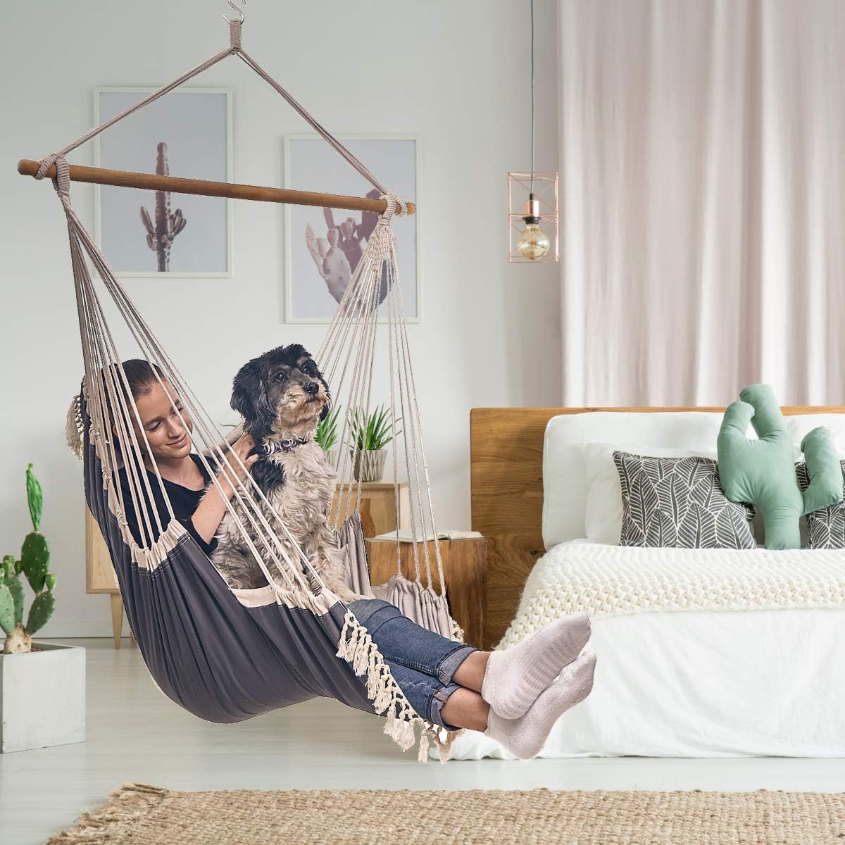 Bdecoru Hanging Hammock Chair Large Swing Chair | Sitting and Reclining Positions | 2-Layer Fabric for Extreme Durability | 2-Tone Beige and Gray Plus 2 Cushions and Side Pocket | Indoor/Outdoor Use: Furniture & Decor