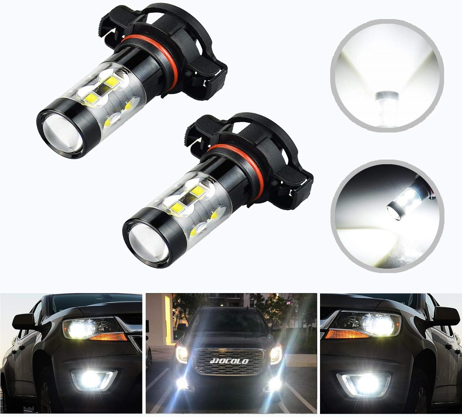 HOCOLO PS24W 5201 5202 12085 H16 (H16 Only fits European Car!) Super Bright LED Bulb High Power 50W 12V Bulb for Fog Light Bulbs Replacement 6000K Xenon White(Set of 2)(5202/H16/PS24W-50W,Light White)