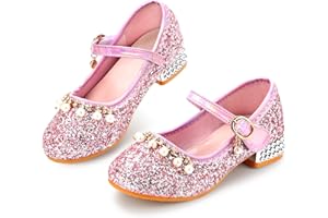 Qimaoo Girls Dress Shoes Mary Jane Princess Shoes Girls' Flats Glitter Low Heels Flower Wedding Party Footwear for Toddler Little/Big Kid