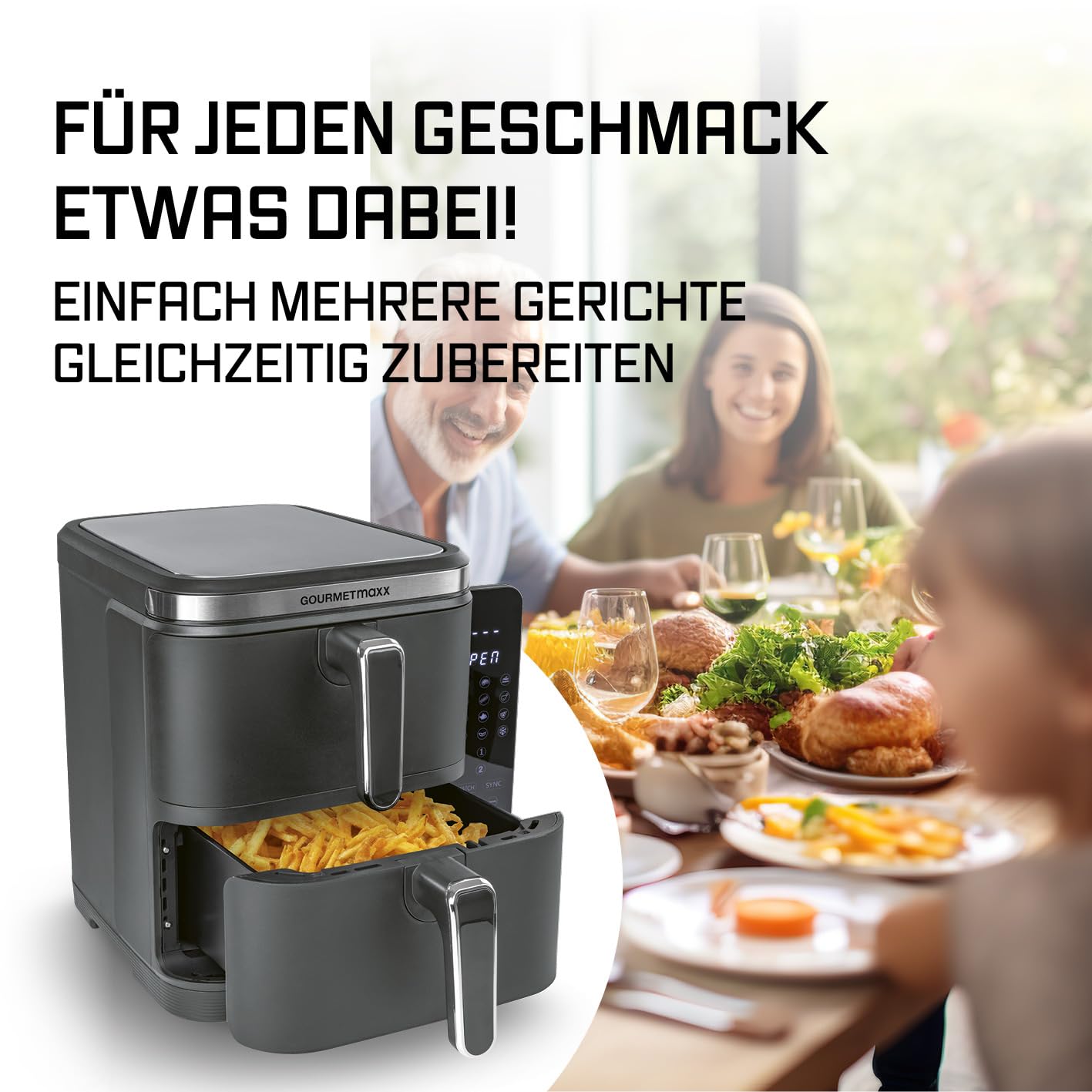 GOURMETmaxx FryUp Vertikale Doppelkammer Heißluftfritteuse | vertikaler Airfryer | klappbares Touchdisplay | 32% platzsparender | Fassungsvermögen 10L | Heißluftfritteuse 2 Kammern 7