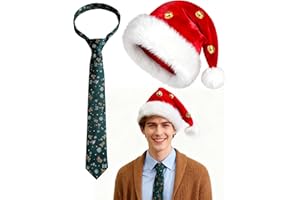 DONETUER Christmas Men 1980s Movie Costume Red Santa Hat with Bells Green Tie Vacation Accessory Fluff Holiday Hat for Adult Xmas Party Cosplay