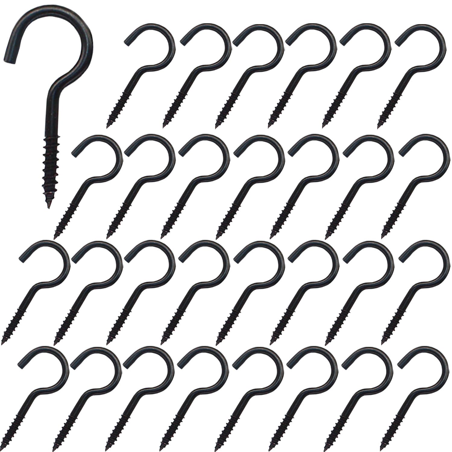 Taiyyi Pack of 30 Black Steel Screw Hooks with Wooden Thread - Ideal for Attaching Cables, Awnings, Ceiling Hooks and Wood Screws