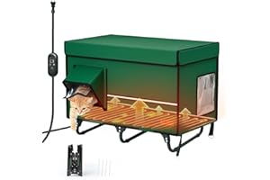 GARDNER PET X-Large Collapsible Heated Cat House - Metal Frame, 100% Insulated Waterproof Outdoor Stray Cat Shelter with Heating Pad & Escape Door,Temperature Control & Timer, Warm Shelter for Cats, Green