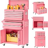 Superday Metal Tool Chest, 8 Drawer Rolling Tool Chest with Wheels, Detachable Tool Storage Cabinet with Lock for Garage, Steel Tool Cart with Liner &amp; Hooks for Workshop, Warehouse (Pink)