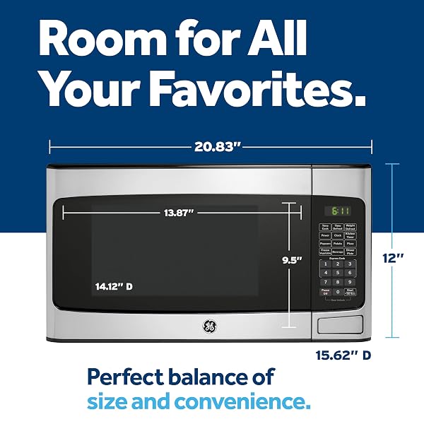 GE COUNTERTOP MICROWAVE OVEN, COMPACT 1.1 CUBIC FT., 950-WATT CAPACITY, 6 AUTO COOKING SETTINGS, CHILD-LOCK TECHNOLOGY, KITCHEN ESSENTIALS FOR THE COUNTERTOP, DORM ROOM OR APARTMENT, STAINLESS STEEL