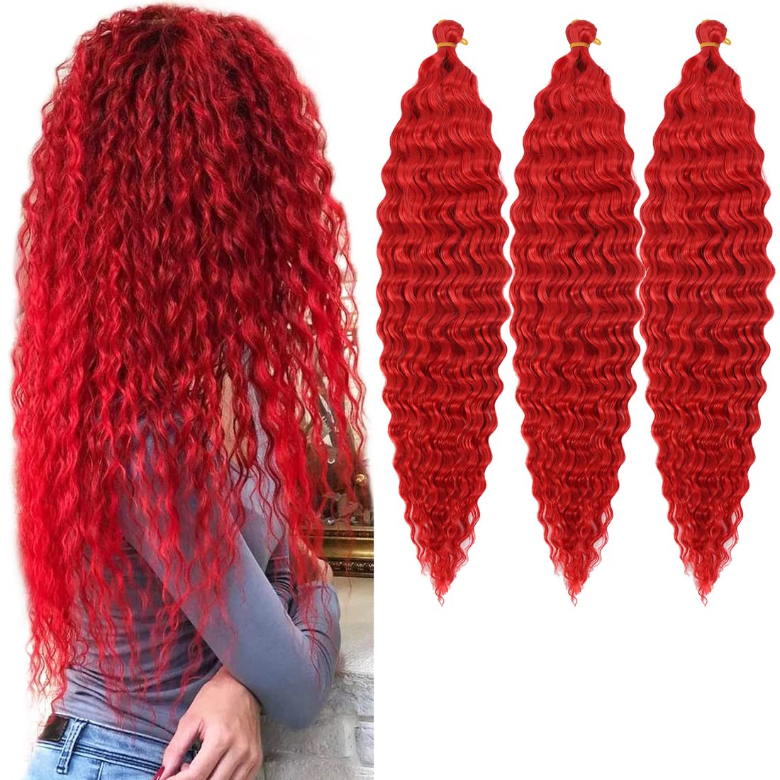 Photo 1 of 30 inch Ocean Wave Crochet Hair Deep Wave Twist Crochet Hair Extensions Curly Braiding Hair 3 packs Long Wavy Water Wave Braids For Women Synthetic Crochet Braid Hair (30 inch,Red)