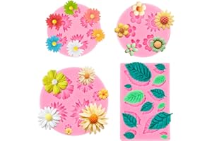 ANSEE 4pcs Daisy Chocolate Fondant Molds, Small Flower Silicone Polymer Clay Molds Mini Leaf Chocolate Molds Silicone for Cake Decorating Clay Crafting Candy Soap Ice Cube Wax Melt