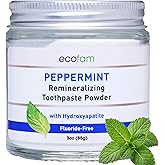 Ecofam Toothpaste Powder - Remineralizing Tooth Powder, Hydroxyapatite and Xylitol, Fluoride Free, Supports Enamel Strength & Gum Health - Peppermint