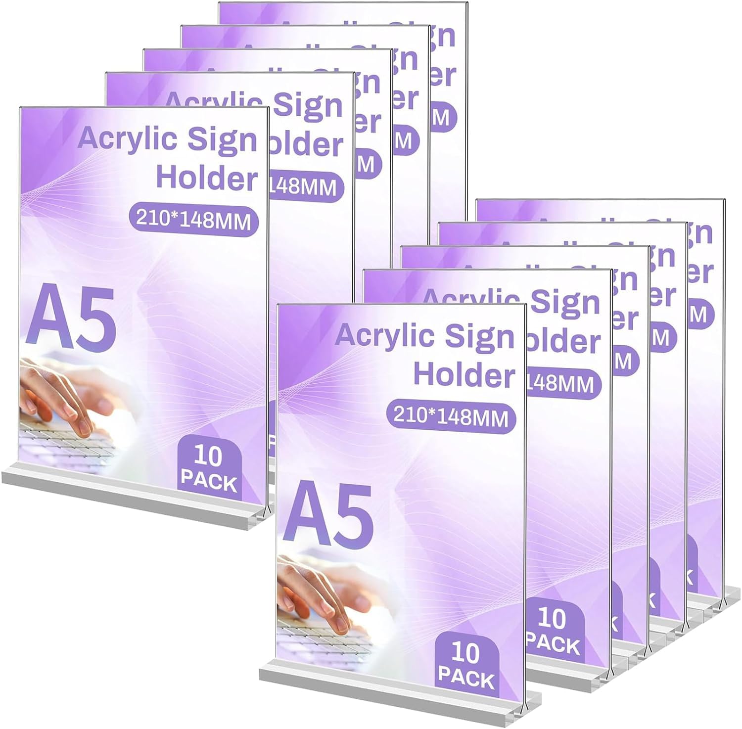 Sagreeny A5 Acrylic Sign Holder, 10 Pack T-Shaped A5 Clear Sign Holder, A5 Acrylic Poster Double Sided Display Stand for Table, Restaurant, Hotel, Documents, Office