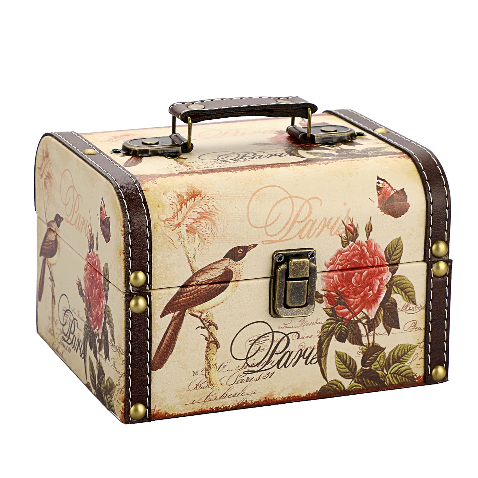 SUMNACON Wooden + PU Leather Storage Box Jewelry Chest, Decorative Trinket Box Keepsakes Chest with Handle, Treasure Box Organizer for Gift (Bird Flower Pattern)
