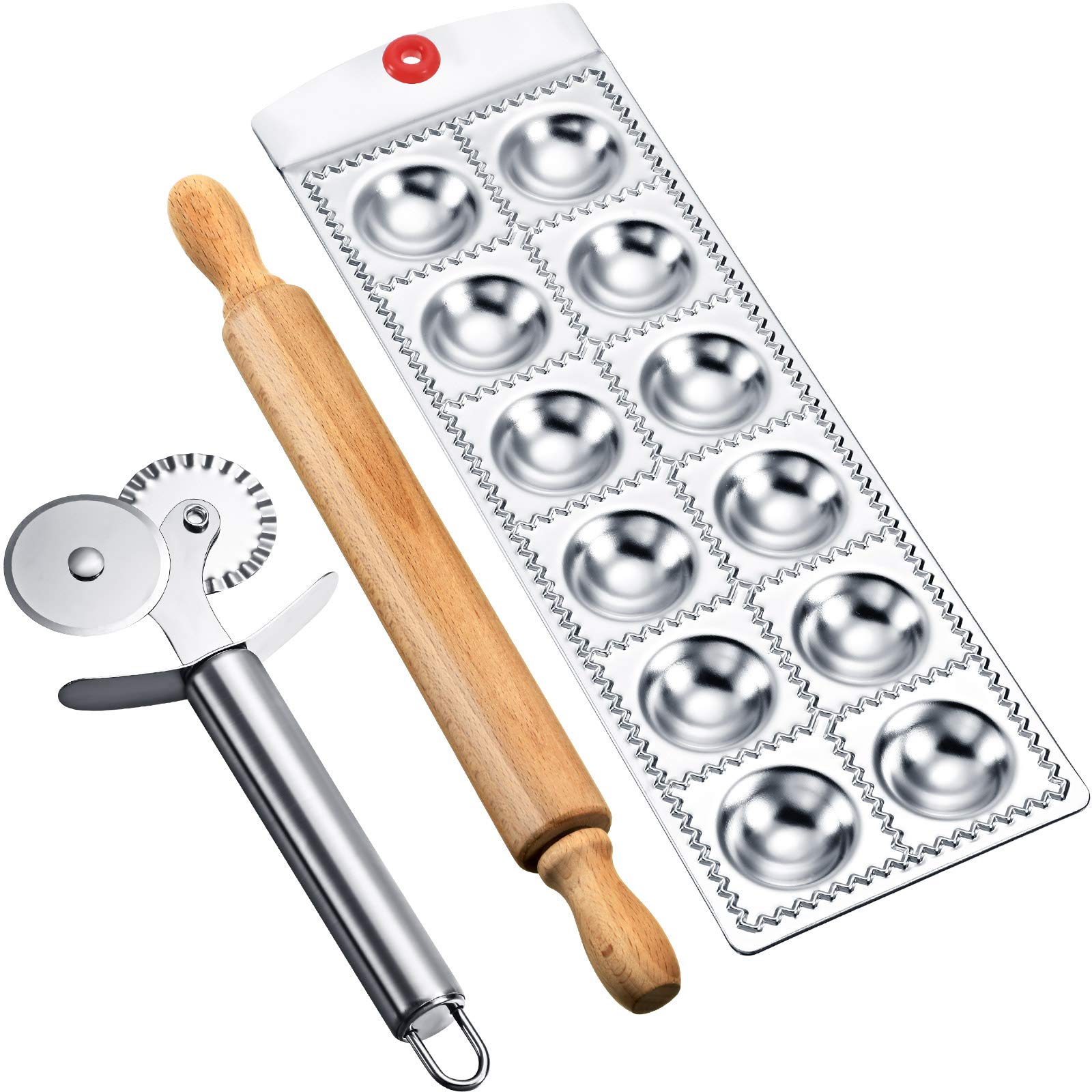 3 Pieces Ravioli Maker Mold with Rolling Pin and Ravioli Double Cutter Wheel Roller Pizza Wheel Cutter Pastry Cutter for Kitchen Use