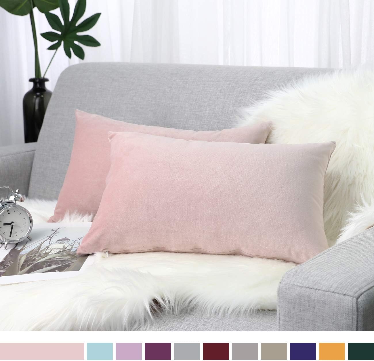 Lewondr Velvet Soft Throw Pillow Cover, 2 Pack Modern Solid Color Square Decorative Throw Pillow Case Cushion Covers for Car Sofa Bed Couch Home Decor, 12"x20"(30x50cm), Pink