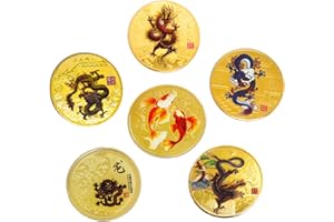 LUKPLEN 6PCS Good Luck Coins Asian Ancient Mythical Creatures 5Loongs and The Koi Fish Lucky Coin Sets Lottery Ticket Scratcher Tool Novelty Coins for Office Fortune Collection Gifts