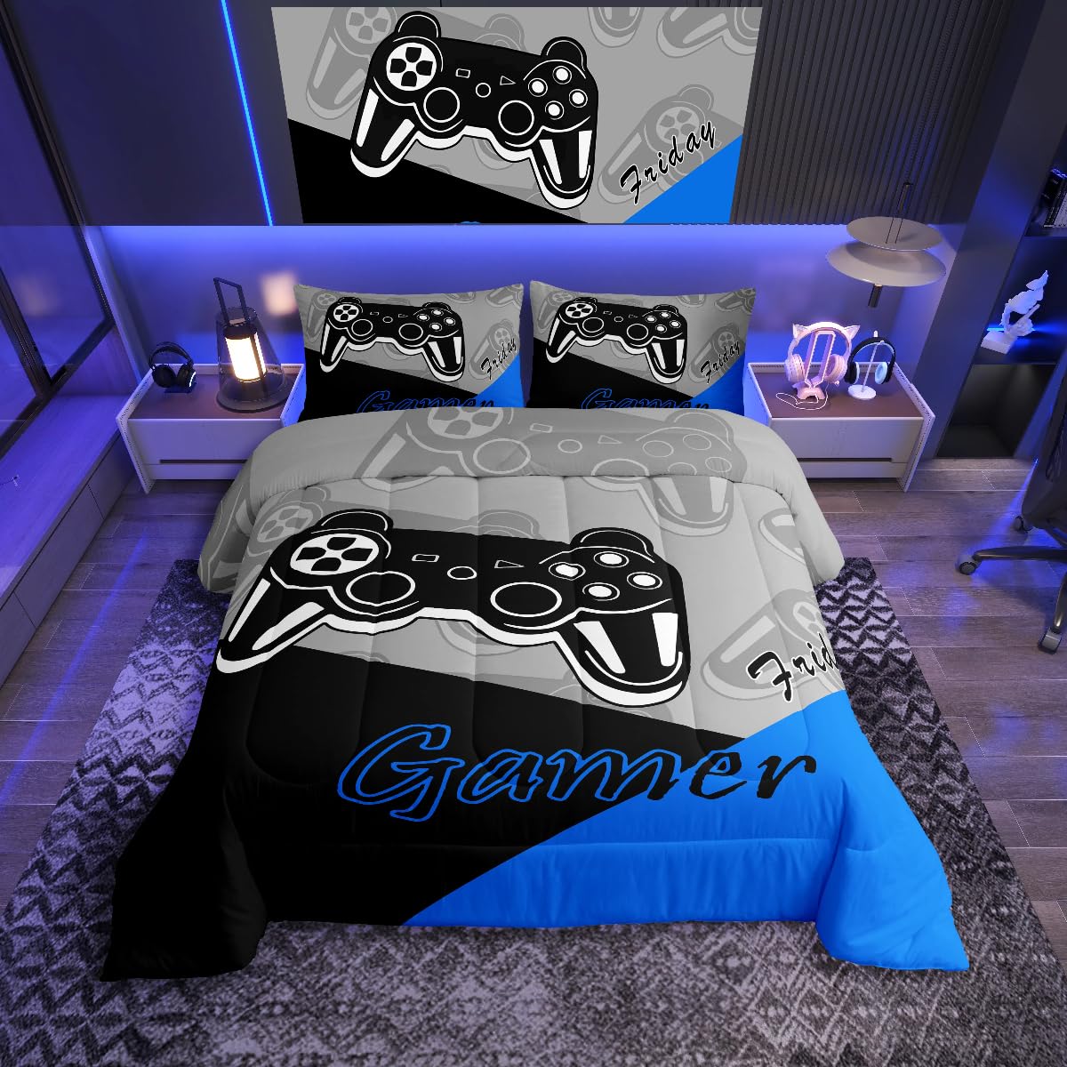 Loussiesd Gaming Comforter for Boys Teen Video Game Bedding Set for Kids Gamer Duvet Set for All Season Gamepad Home Decor for Single,1 Comforter Set with 1 Pillowcase Blue Black Grey