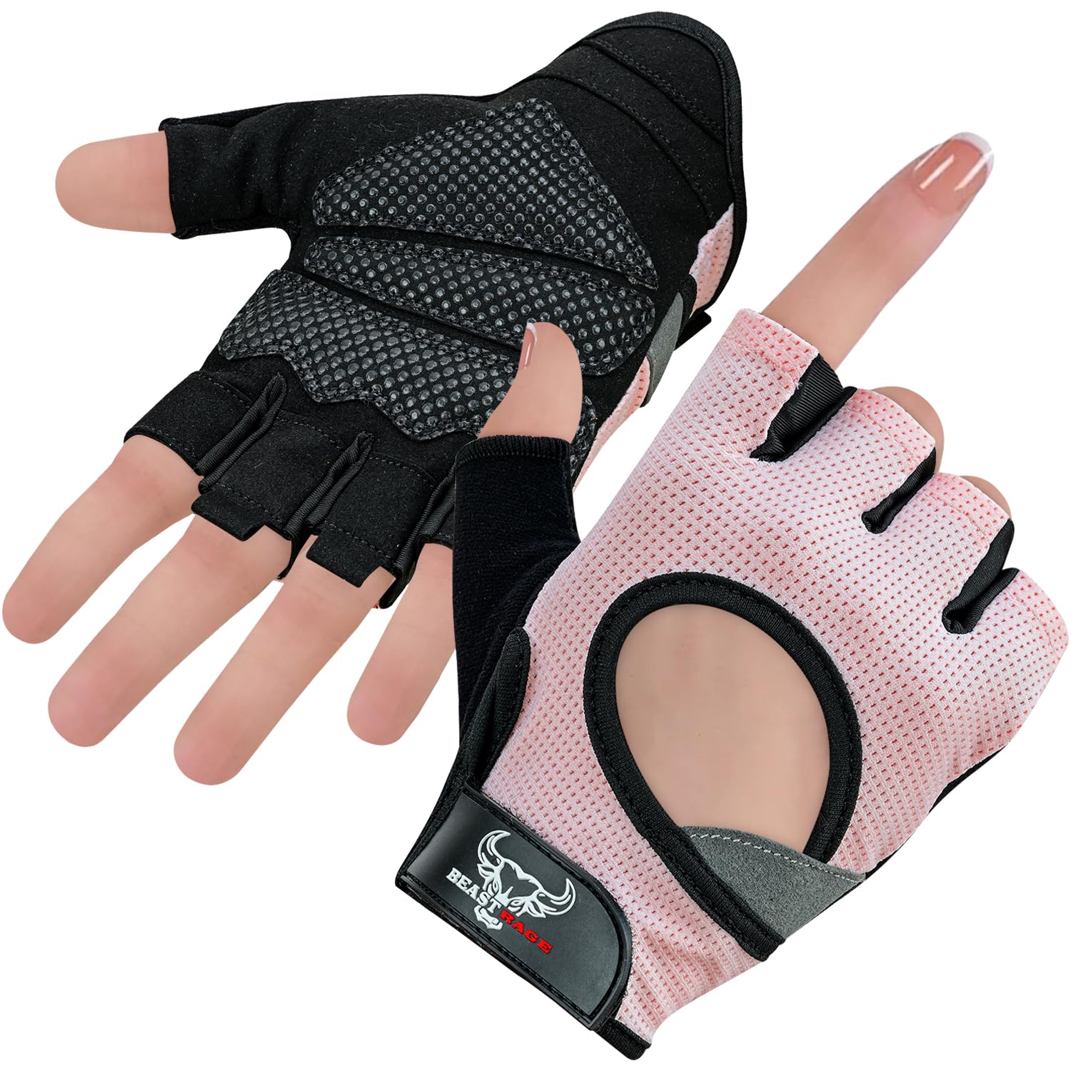 Photo 1 of BEAST RAGE Workout Gloves for Men and Women - Fingerless Weight Lifting With Palm Protection Padding, Breathable and Lightweight for Weightlifting, Cycling, Pull Up (Pink, XS)
