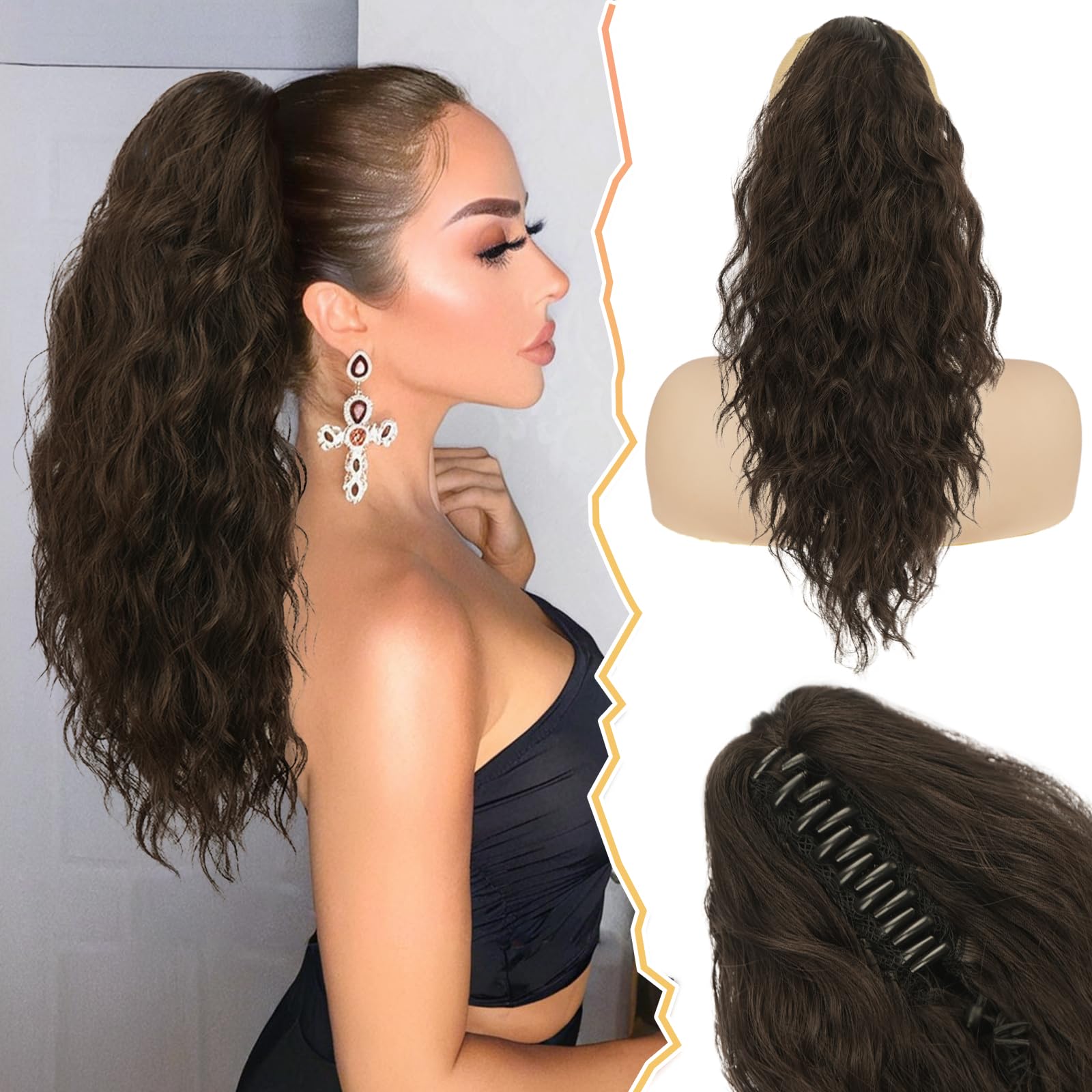 BARSDAR Ponytail Extension for Women, Claw Clip on Ponytail Extensions Long Curly Corn Wavy Dark Brown Clip in Ponytail Synthetic Natural Soft Hairpiece for Girls Daily Halloween(18Inch, Dark Brown) — image 1