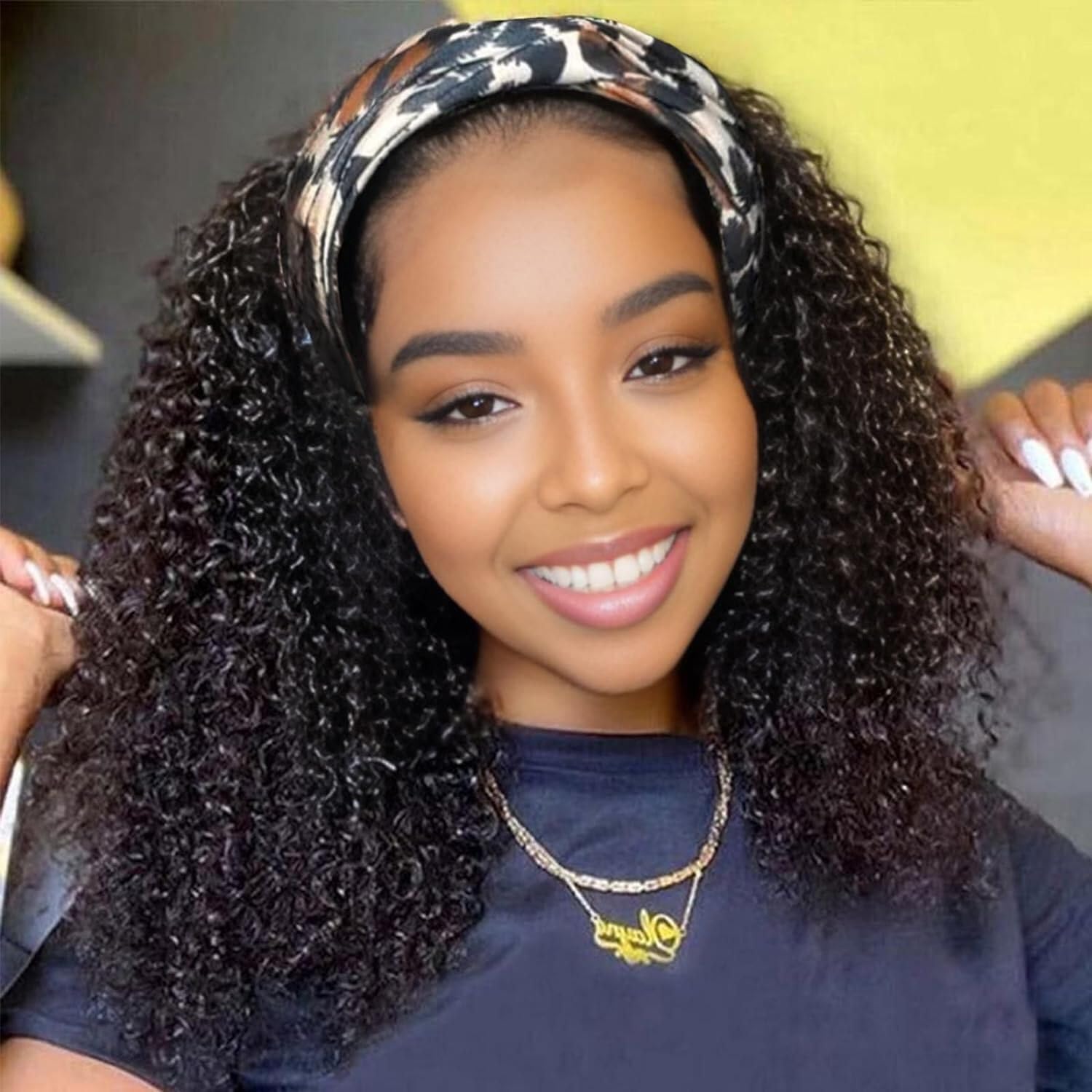 Headband Human Hair Wig - 14 Inch Kinky Curly for Black Women, 150% Density Glueless, Soft and Full