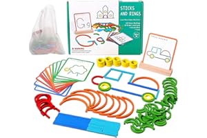 Montessori Smart Sticks,142Pcs Wooden Pattern Blocks Shape Puzzles Sticks & Rings,Preschool Brain Teaser Montessori Toys for 