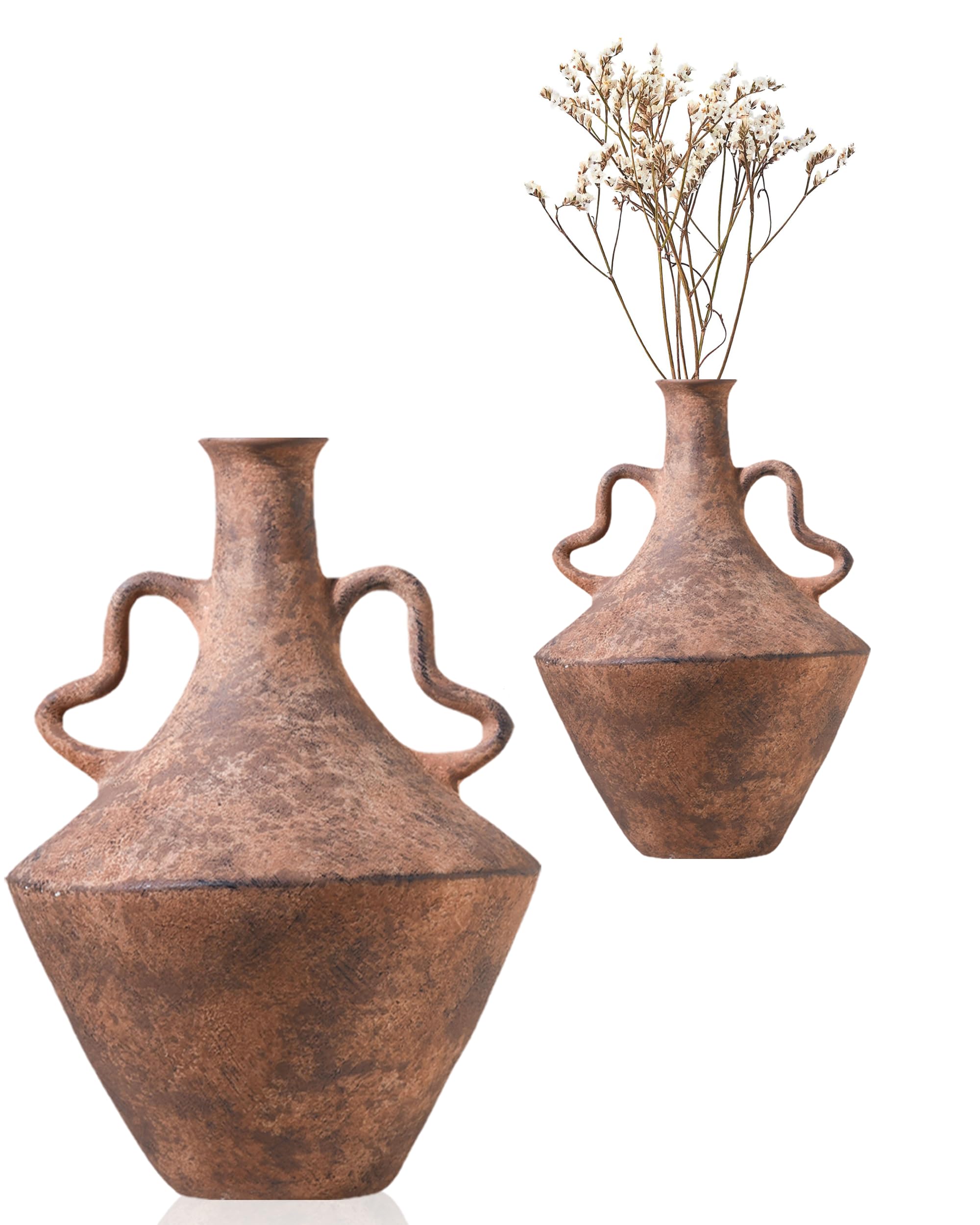 UPWOIGH 35.6x23 CM Tall Vintage Ceramic Vase with Handles, Antique Terracotta Pottery Vase for Living Room Table Decor, Rustic Farmhouse Bedroom Decoration, Distressed Brown with Black Markings, Gift