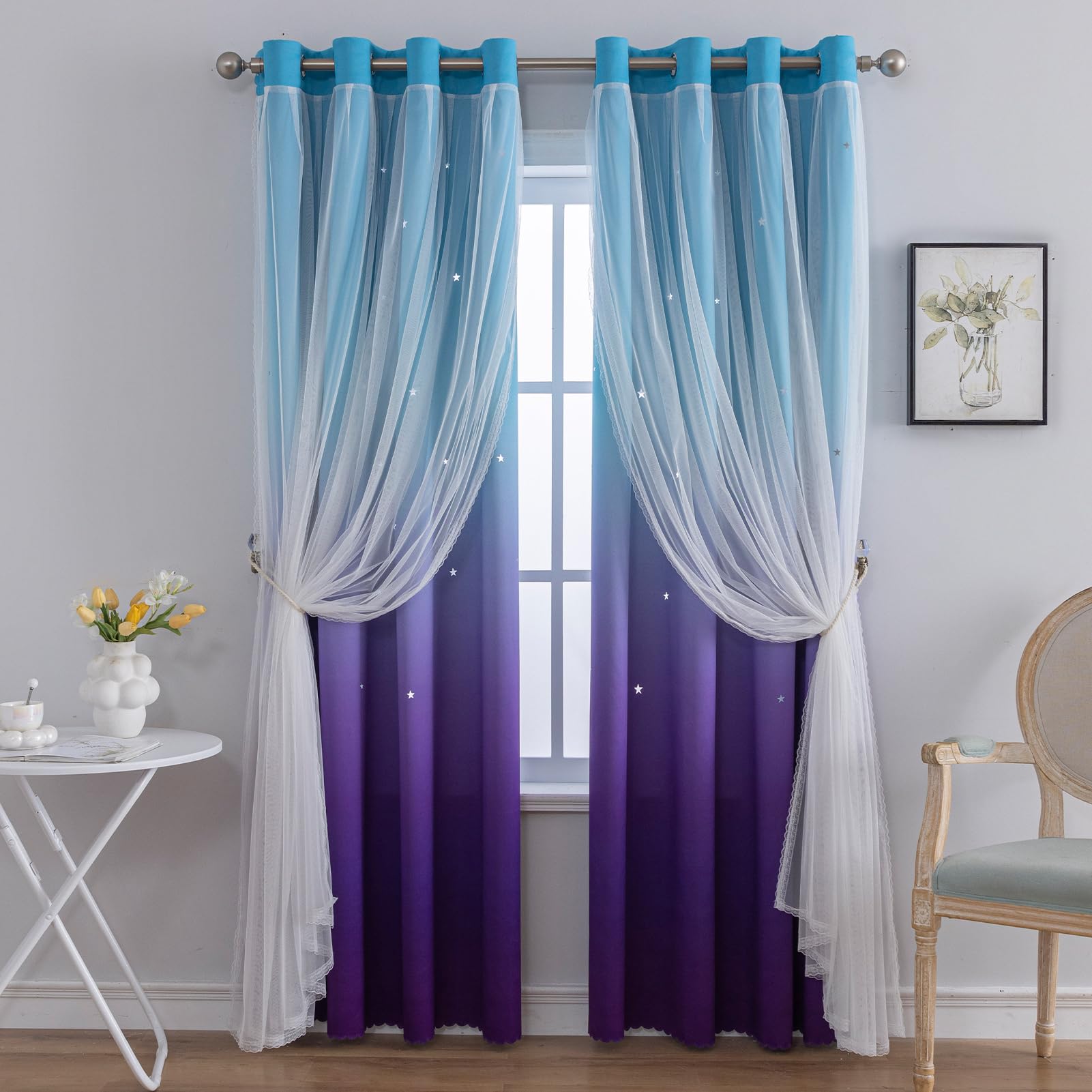 Photo 1 of *************************Missing one curtain***********
indistar Colourful Stripe Star Cut-Out Blackout Curtains for Bedroom,2 Layers Mix Design of Fabric & Tulle,Pretty Window Curtain for Kids Room 1 Panel (W52 x L63 Blue Purple)