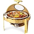 ROVSUN 6 QT Round Chafing Dish Buffet Set, Roll Top NSF Stainless Steel Buffet Warmer Chafers and Buffet Warmers Sets with Thick Frame for Catering Events Parties Weddings Dinners,Gold