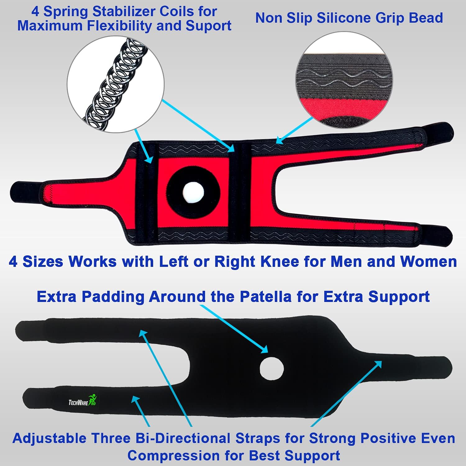TechWare Pro Knee Brace Support - Relieves ACL, LCL, MCL, Meniscus Tear, Arthritis, Tendonitis Pain. Open Patella Dual Stabilizers Non Slip Comfort Neoprene. Adjustable Bi-Directional Straps - 4 Sizes: Sports & Outdoors