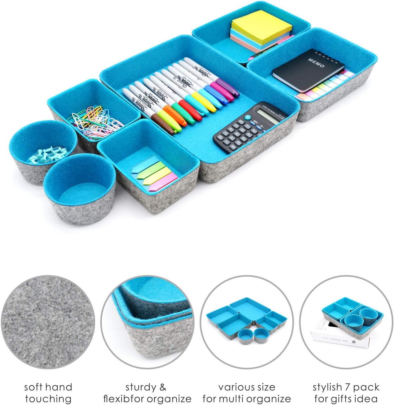 WELAXY Drawer organizers bins felt trays desk storage bins dividers small drawers organizing bins round organizing box for office supplies closet cabinet socks makeup holder 7-piece Gift Pack (Turquoise): Home Improvement