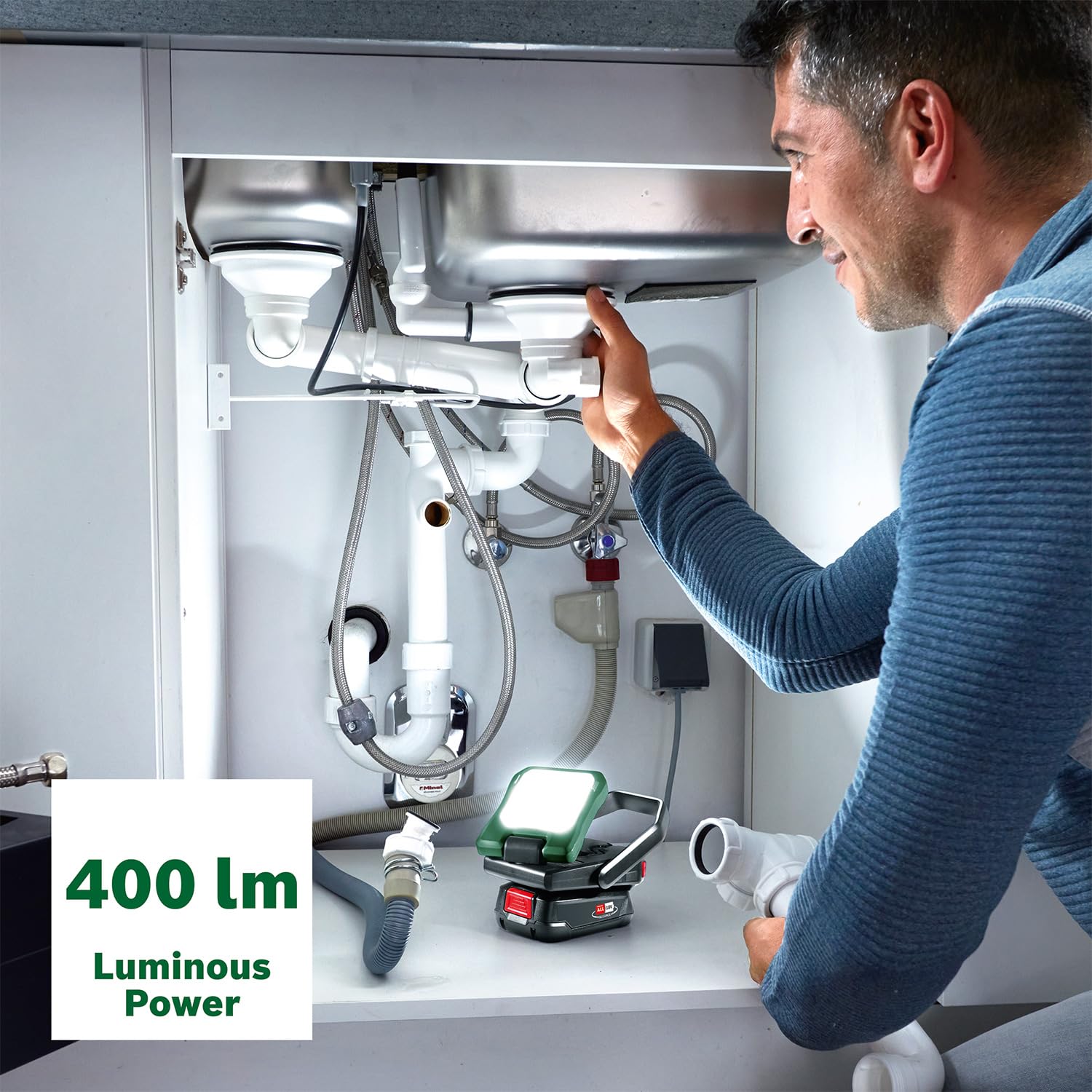 Bosch Akku- LED-Leuchte/Campinglampe EasySpotLight 18V-400 (warm-/kaltweißes Licht; 3 Helligkeitsstufen, Kopf klapp-/drehbar: 360°/180°; 18V; Powerbank USB-C®; ohne Akku) 8
