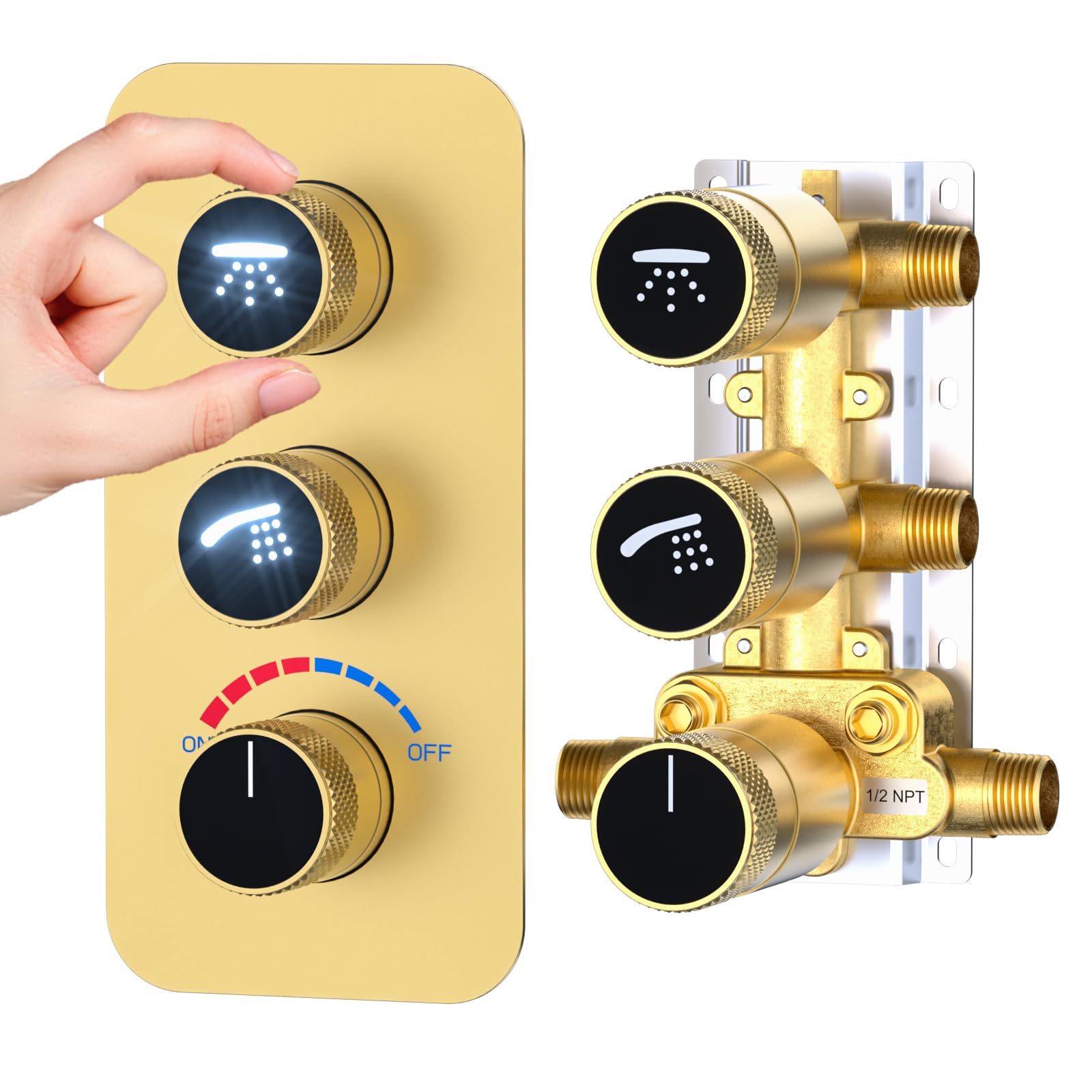 Photo 1 of Enga Glowing Icon 2-Way Shower Diverter - Brass Dual Function Mixing Valve, Flow Control & Simultaneous Use, Brushed Gold