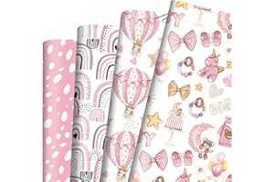 Dtiafu Baby Shower Wrapping Paper for Baby Girl - 12 Sheets Pink Gift Wrap with Baby Feet Bear Unicorn Rainbow Princess Shoes Designs - 20 x 28inch Per Sheet