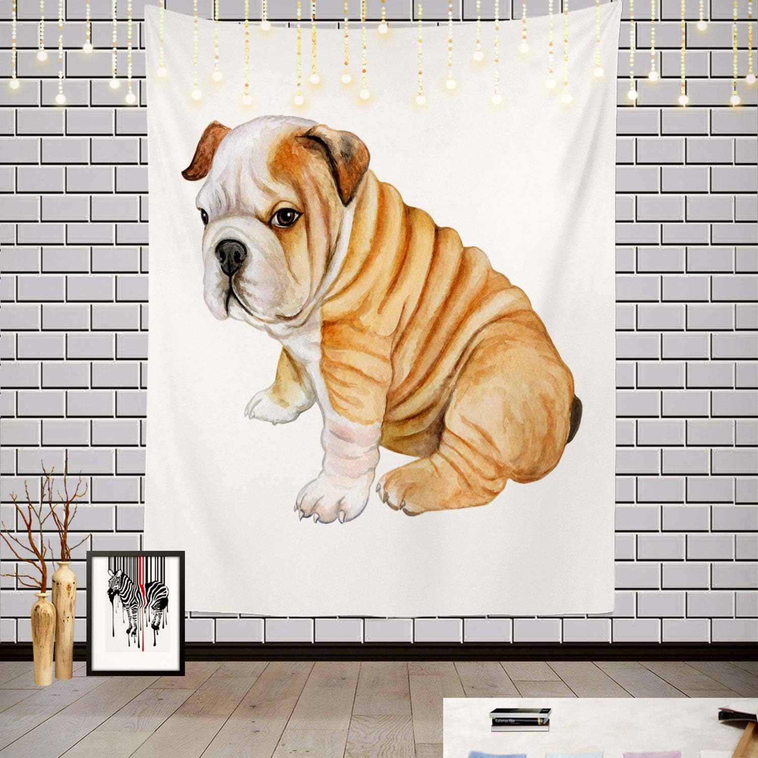 Batmerry Black and White Tapestry, Red Animal Puppy English Bulldog White Cute Realistic Picnic Mat Hippie Trippy Tapestry Wall Art Decor for Bedroom Living Room, 59.1 x 51.2 Inches, White Black