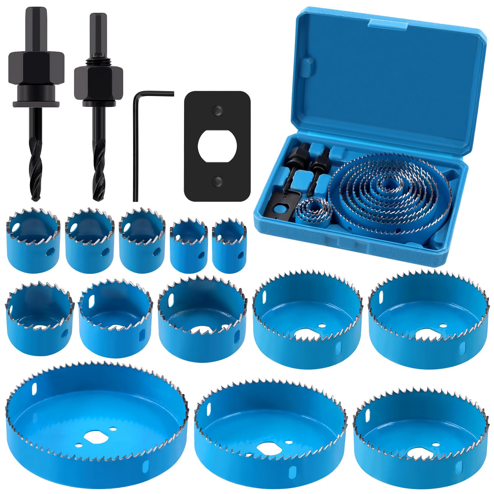 Swpeet 17Pcs Hole Saw Set with 3/4" to 5" (19mm-127mm) 13Pcs Saw Blades, Drill Bits, Hex Key and Installation Plate, High Speed Steel for Soft Wood, Plywood, Drywall, PVC Board, Plastic and More