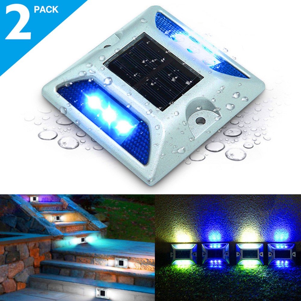 Deck Lights, SOLMORE 2 Pack LED Solar Dock Path Road Lights Marker lights,Waterproof Driveway Warning Lights for Outdoor Fence Patio Stud Yard Garden Pathway Stairs Step Lights Blue