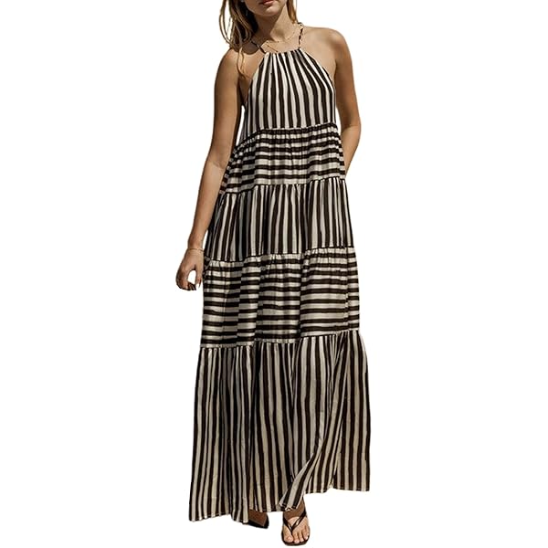 halter long dresses formal Black Striped Crochet Bodice Halter Neck Midi Dress main image 0