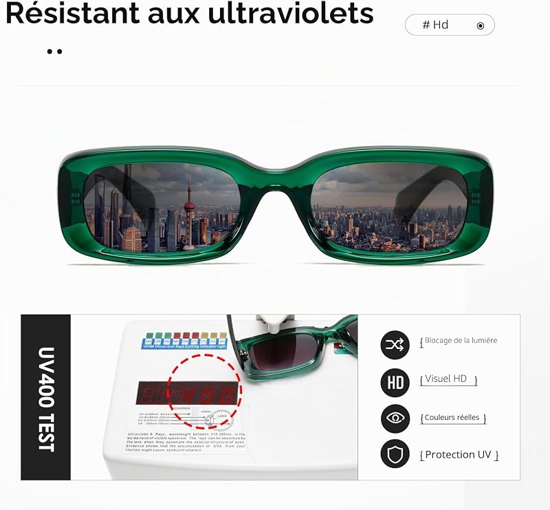 Lunettes de soleil pour femmes rétro vintage monture carrée étroite protection uv400 (Monture verte transparente/lentille grise avec dégradé) — photo 6 sur 6