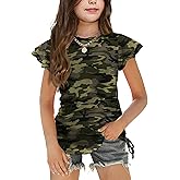 Arshiner Girls T Shirts Ruffle Short Sleeve Ruched Knot Side Tunic Blouse Summer Tee Tops