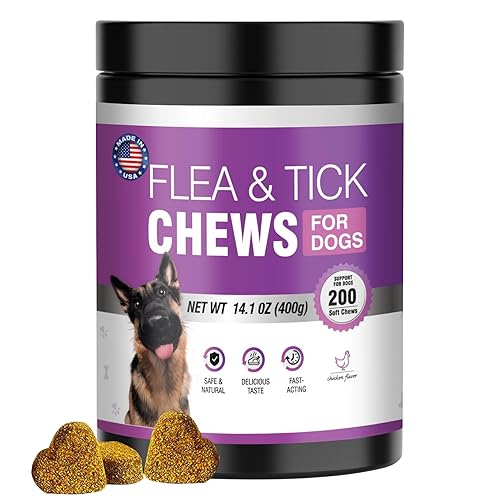 Dog Flea and Tick Treatment Chewable 200 Treatment Chews Natural Soft Chew Fleas Ticks Treatment Dog Oral Chewables Support Supplement Pest Defense Breeds and Ages Dogs Chicken Flavor